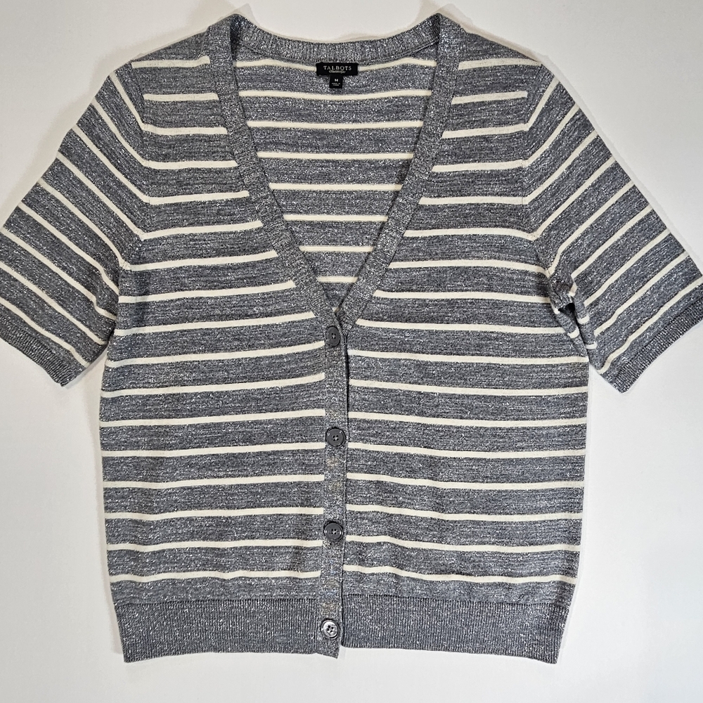 Talbots Cardigan Womens Medium Silver Metallic White Stripe Fall Business Casual